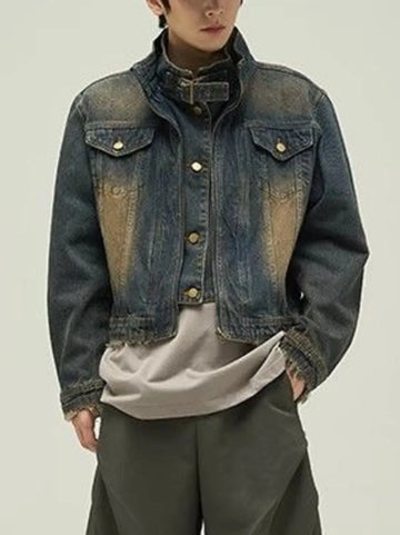 Aidase Vintage Denim Jacket Man Woman Short Zipper Single Breasted Cowboy Crop Coats Blue Washed Stand Collar Unisex Jeans Outerwear aidase-shop